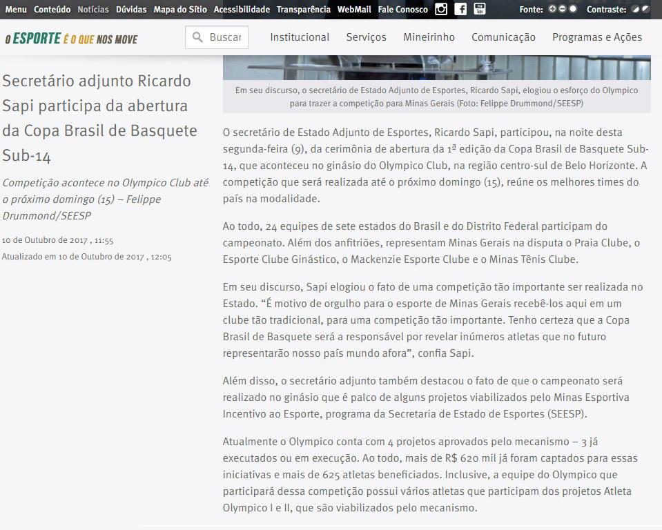 Site Secretaria de Estado de Esporte de Minas Gerais