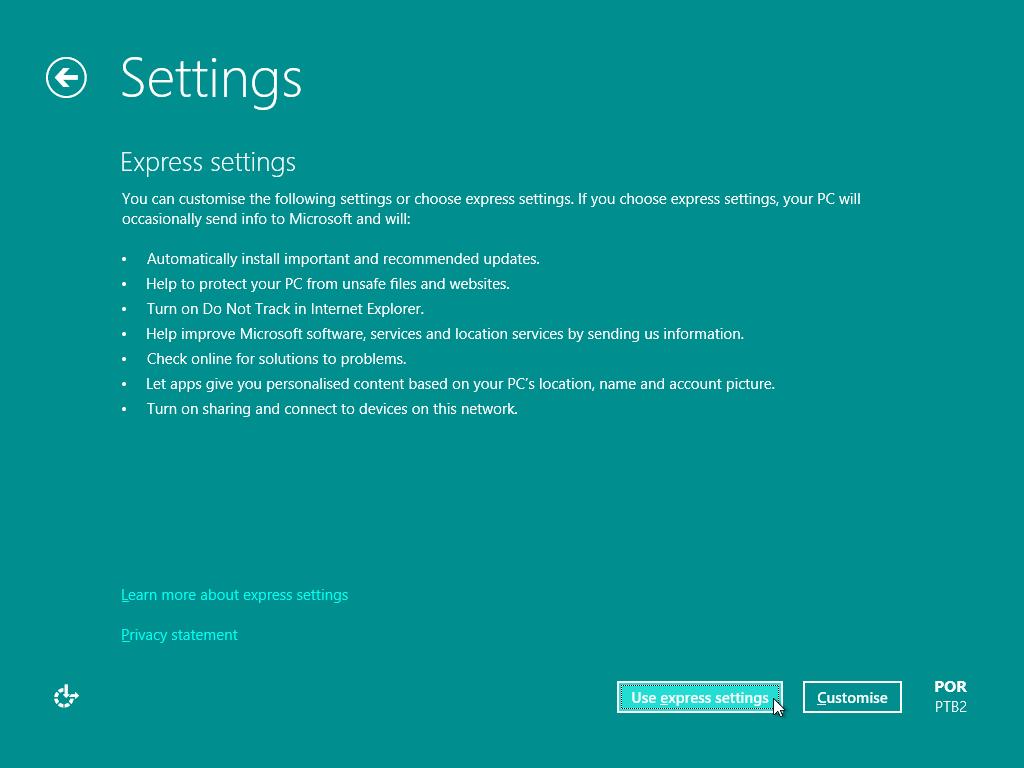 Na próxima tela clique em Use express settings para utilizar as configurações padrão e mais rápidas do