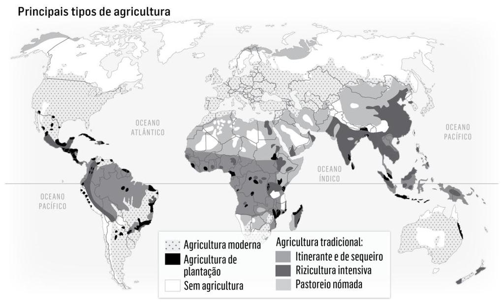 Moderna Tradicional POPULAÇÃO E POVOAMENTO 3. Observa o mapa da Fig. 2. 3.1 Completa o quadro seguinte, com base no mapa. Fig. 2 Os principais tipos de agricultura, no mundo.