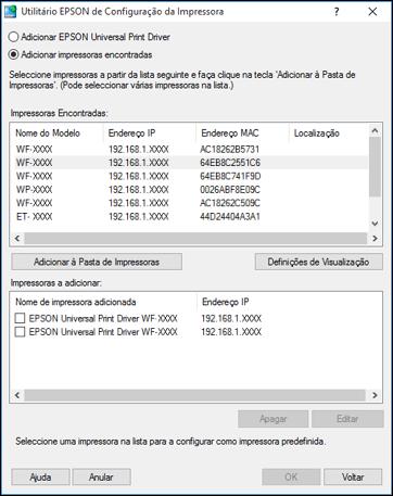 3. Clique em Procura de impressoras de rede. 4. Quando vir os resultados, selecione Adicionar impressoras encontradas. Você verá uma tela como esta: 5.