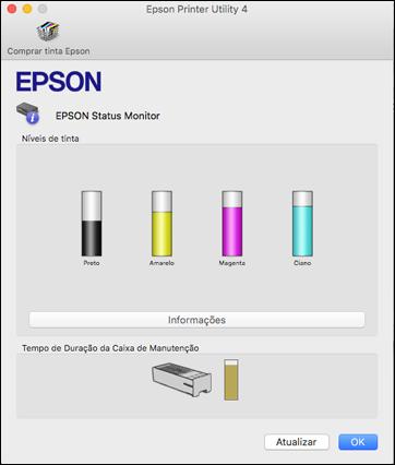 Você verá esta janela: 3. Faça o seguinte, conforme necessário: Você pode atualizar o status do cartucho de tinta e da caixa de manutenção clicando Atualizar.
