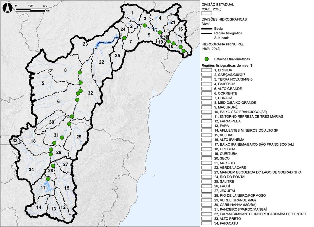 Figura 2 Sub-bacias contribuintes para cada estação fluviométrica. Fonte: ANA, 2013.