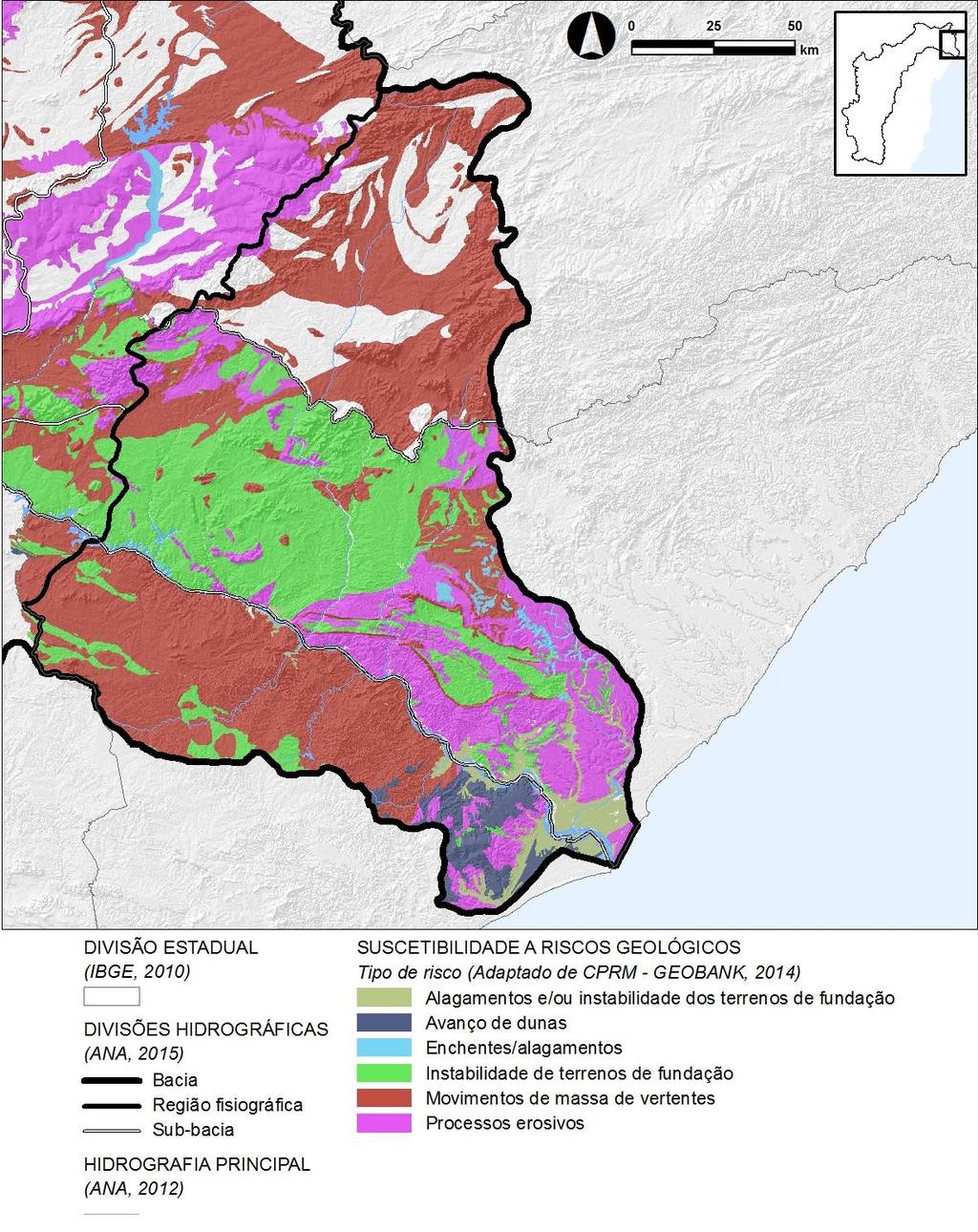 Figura 39 Principais riscos geológicos no Baixo S. Francisco (Mapa 31 do Volume 9, reduzido).