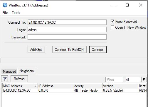 Utilizar o aplicativo Winbox para acessar o roteador via camada 2.