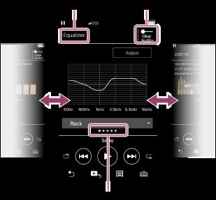 Ecrãs de definição da qualidade de som Pode ajustar várias definições de qualidade de som. Para exibir o ecrã de definição da qualidade de som Desloque o ecrã de reprodução para cima.