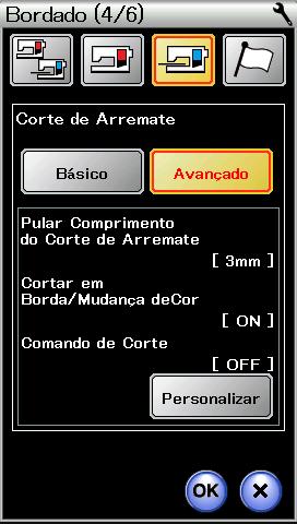 8- Tecla ON/OFF (liga/desliga) 8-9- 9 9-9-4 9-9 Corte automático da linha (avançado) Pressione a tecla personalizar para abrir a janela de configuração avançada.