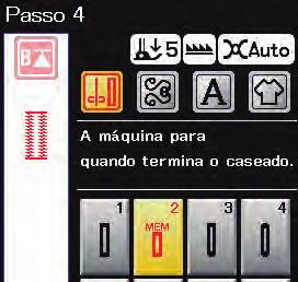 Etapa- Comece a costurar novamente e a máquina irá costurar o arremate frontal e o lado direito do caseado de botão. Pare a máquina quando atingir o ponto final. Então pressione o botão de retrocesso.