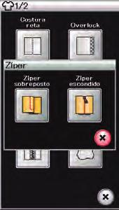 Pregar zíper (Costura de zíper) Zíper comum Programação para aplicação de zíper comum com calcador E para zíper comum.