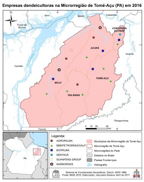 No mapa abaixo é possível observar a presença de algumas empresas na microrregião de Tomé-Açu, tendo uma grande expressividade no Pará a Petrobrás biocombustível e a Biovale, essas duas empresas