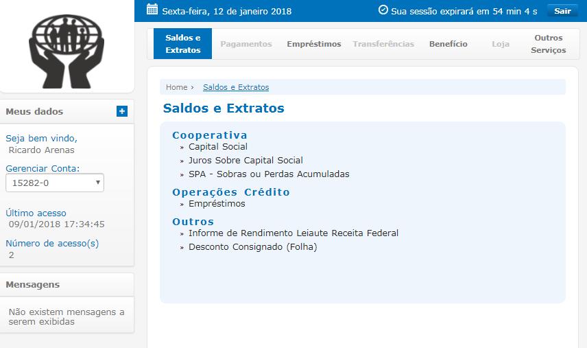 9 MENU DE SALDOS E EXTRATOS O associado poderá visualizar informações referentes aos Saldos e Extratos da Cooperativa nas seguintes opções: Capital Social, Juros sobre o Capital Social, SPA Sobras ou