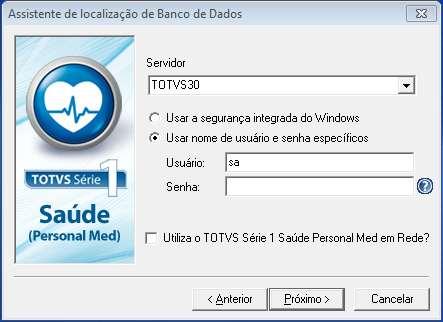 m) Na tela que aparecerá coloque o nome do computador servidor, o nome de usuário devera ser trocado para SA, a senha devera ficar em branco, e deixar desmarcado a opção Utiliza o TOTVS Série 1 Saúde