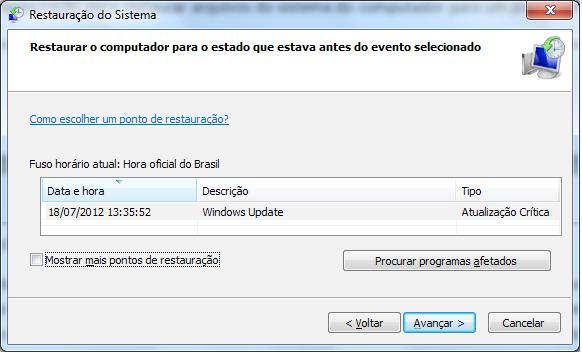 Pontos de Restauração O ponto de restauração é uma representação de um estado armazenado dos arquivos do sistema de seu computador.