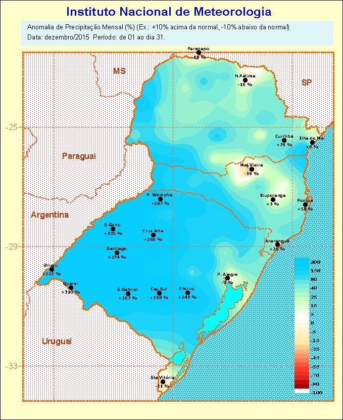 climatológico em praticamente todo o Estado (em São Luiz Gonzaga o total foi de 778,8mm), exceto no extremo sul e na região metropolitana de Porto alegre que ficaram dentro do padrão.