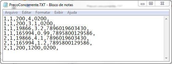 TXT que está dentro da pasta, em algum local em seu computador (Exemplo: C:\Getway\Coletor CP30\PrecoConcorrente), abaixo segue imagem do layout do arquivo