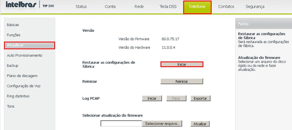 Reset através do TIP 200 1. Pressione Menu, selecione com as teclas o item Configurações e pressione ; 2. Selecione com as teclas o item Avançadas e pressione ; 3.