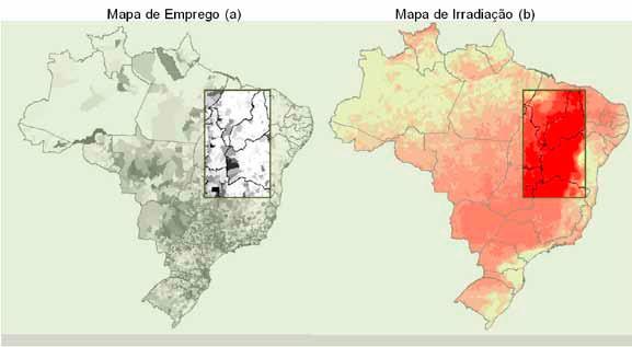 MAPA DO EMPREGO X MAPA DA IRRADIAÇÃO NO BRASIL No Brasil, áreas com maior