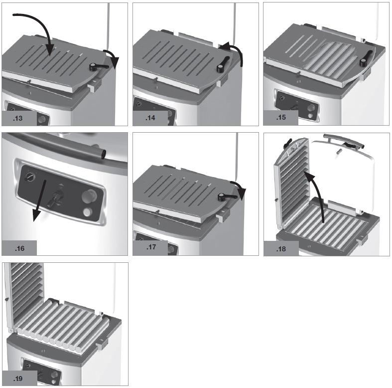 1) Acionar a chave geral no painel de operação (fig. 1). O indicador luminoso acenderá; 2) Girar a trava da tampa e abra (Fig. 2 e fig.