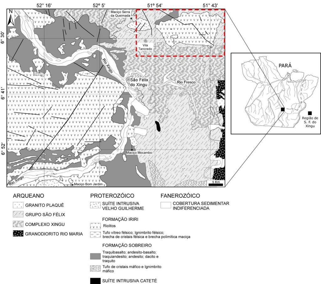 17 Figura 2.2 Mapa geológico na região da cidade de São Félix do Xingu (modificado de Fernandes et al., 2006). O retângulo vermelho delimita a área de Vila Tancredo.