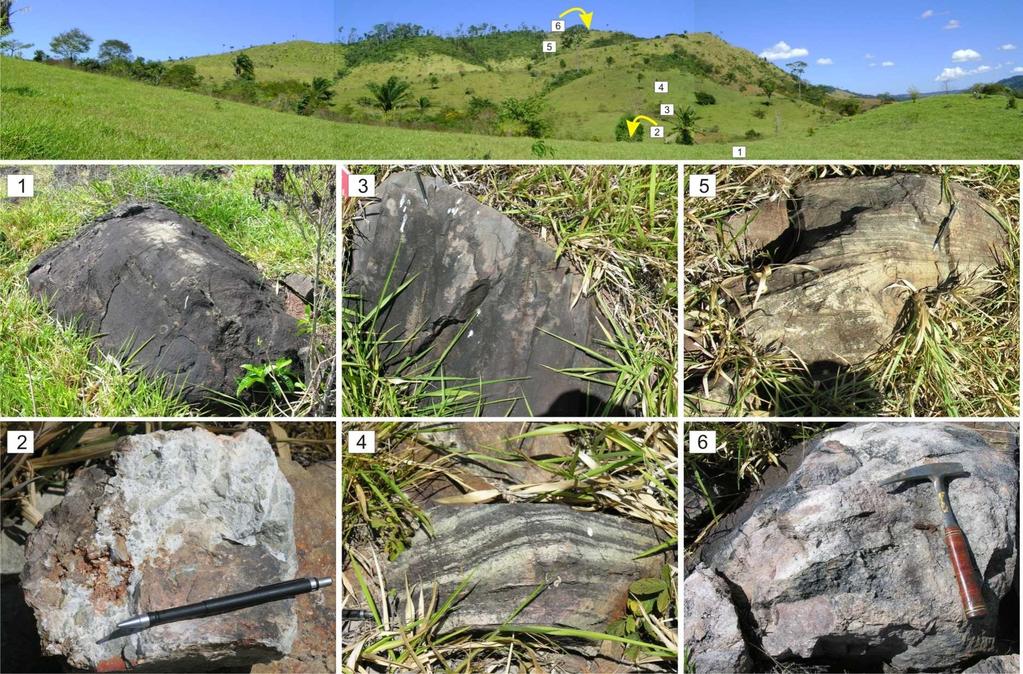 Figura 8.2 Morro em Vila Tancredo interpretado como um paleoflanco vulcânico. (1) Derrame andesítico na base da sequência, com (2) brechas hidrotermalizadas intercaladas.