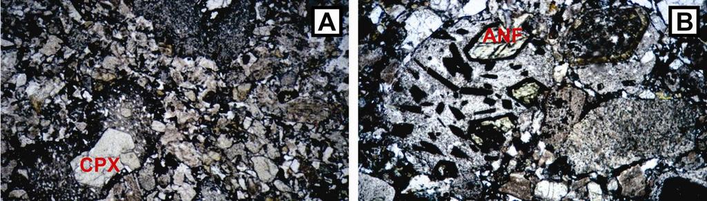Figura 9.5 (A) Aspecto microscópio do tufo de cristais máfico. Notar elevada quantidade cristais e fragmentos de cristais.