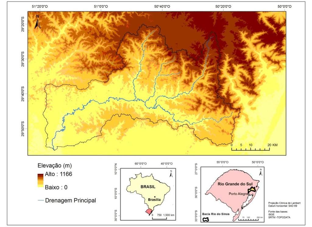 Figura 1. Localização e relevo da bacia hidrográfica do rio dos Sinos - RS.