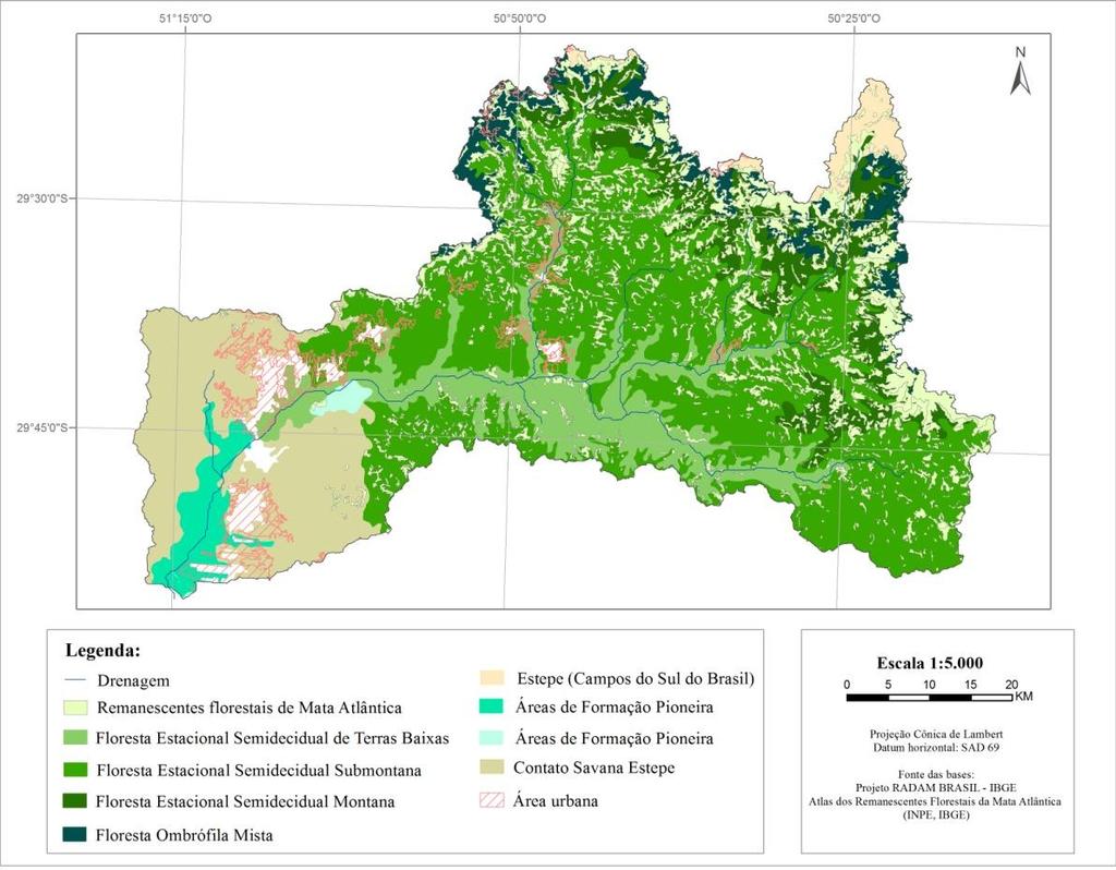 Em algumas áreas no extremo norte da bacia dos Sinos, há a ocorrência da fitofisionomia Estepe, conhecida no Rio Grande do Sul como Campos de Cima da Serra ou Campos de Altitude.