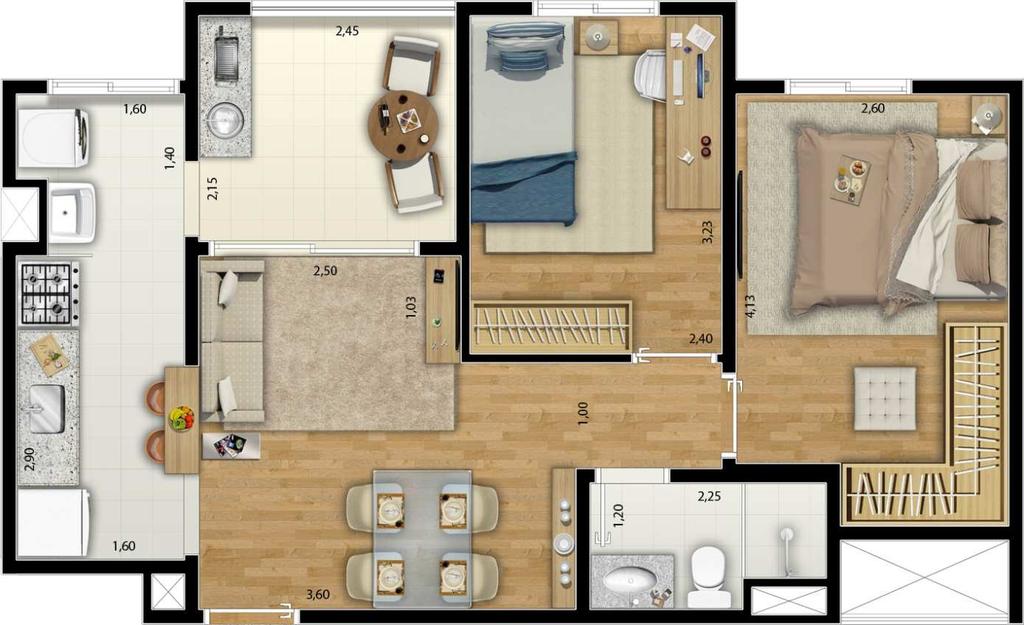 7 PLANTA TIPO 2 DORMITÓRIOS - 52 m² Referência: planta final 3 Integração da área de serviço e cozinha c/ o Terraço Grill Venezianas de enrolar nos dormitórios Todas as pias em bancada de granito