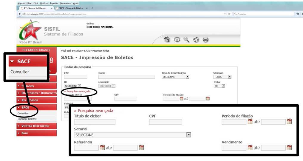 Ferramentas disponíveis no SISFIL/SACE Na opção consultar, o diretório pode acessar por filiado(a) informando CNF ou nome -, que é o uso mais comum.