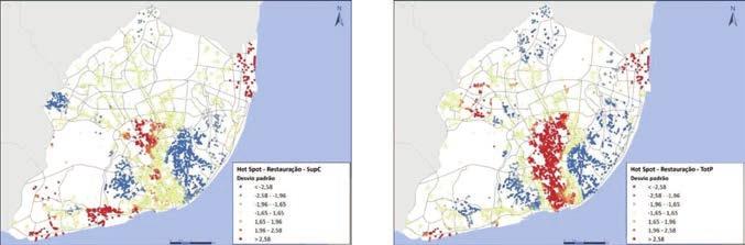 Para a análise Hot Spot do retalho TotP verifica-se uma alteração significativa dos pontos frios no centro histórico e uma contracção dos aglomerados