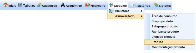 Repita esse procedimento para cada um dos campos auxiliares: Área de consumo: setores da empresa que podem utilizar os produtos do almoxarifado; Grupo do produto: exemplo: Bebida; Subgrupo do