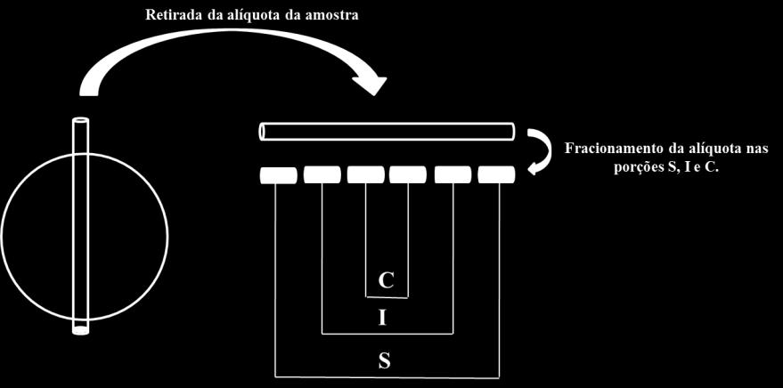 Utilizou-se uma sonda de 30 centímetros (cm) de comprimento e 1,5 cm de diâmetro para retirar a alíquota das amostras, que foram posteriormente divididas em seis porções de mesmo tamanho, Dessa