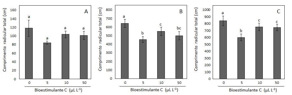 40 Figura 9. Comprimento radicular total (cm) de plântulas de milho tratadas com três doses de bioestimulante C e um controle negativo 3 (A), 7 (B) e 10 (C) após o início do tratamento.