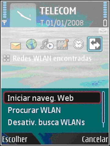 Conectividade exibido na tela principal. Para ativar a verificação e procurar WLANs disponíveis, vá até a linha que apresenta o status e pressione a tecla de navegação.