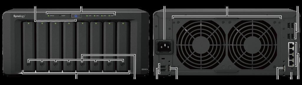 Visão Geral da Synology DiskStation N.º Nome do Artigo Localização Descrição 1) Botão de energia Painel Frontal O botão de energia é utilizado para ligar ou desligar a Synology DiskStation.