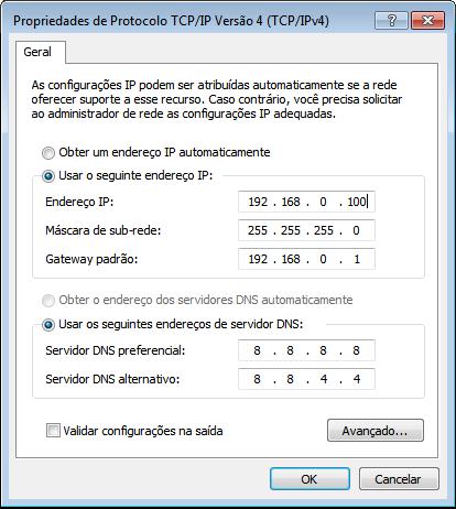 Desça a barra de rolagem e clique duas vezes em Protocolo TCP/IP Versão 4 Selecione a opção Usar o seguinte endereço IP