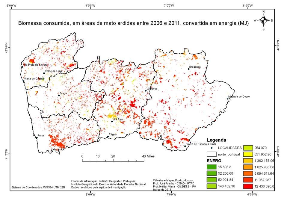 Figura 4 Potencial energético estimado para as áreas ardidas entre 2006 e 2011. As estimativas mostram que numa área ardida de cerca de 145.065 ha, entre 2006 e 2011, foram consumidas 1.
