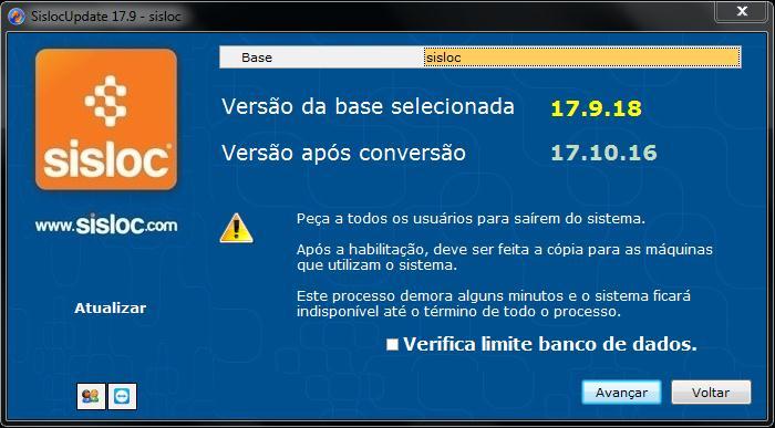 7.8. Leia as informações e clique em Avançar. Não precisa marcar a opção Verifica limite banco de dados (Figura 59)