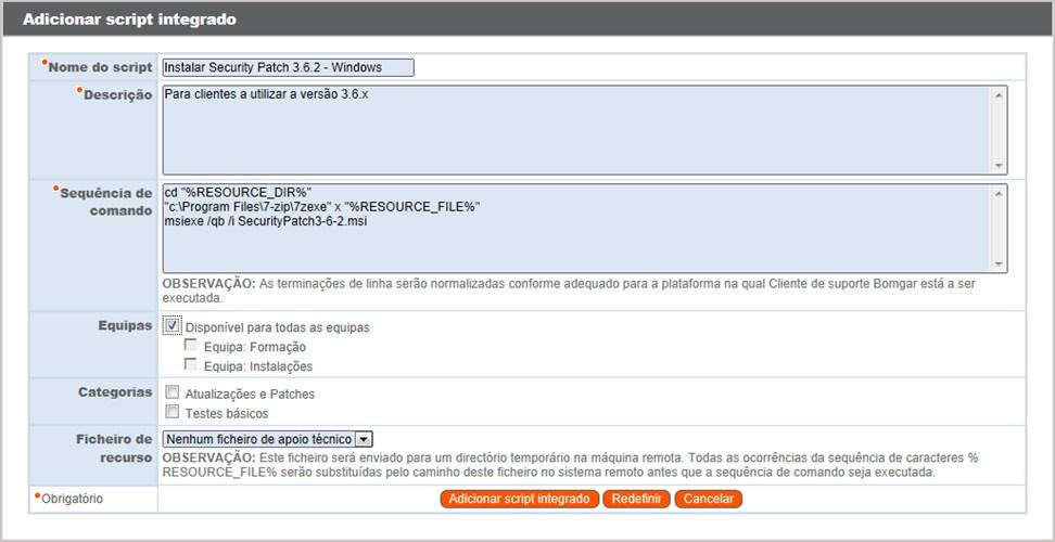 Filtre a sua visualização de scripts predefinidos seleccionando uma categoria ou equipa da lista pendente no topo da página.