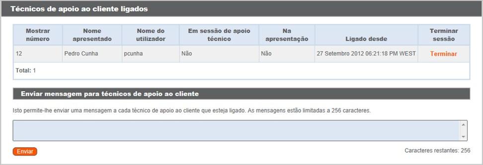 TÉCNICOS DE APOIO AO CLIENTE: VER OS TÉCNICOS DE APOIO AO CLIENTE COM INÍCIO DE SESSÃO E ENVIAR MENSAGENS Visualize uma lista de técnicos de apoio ao cliente ligados à consola do técnico de apoio ao