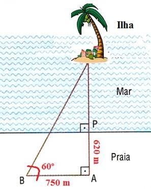 03) Na praia foi medido a distância entre dois pontos distintos A e B conforme mostra a figura. A distância de A até B é 750 metros e de A até P é 620 metros, além do ângulo B de 60º.