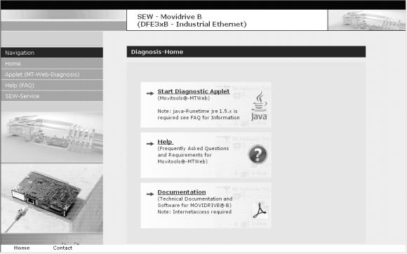 Servidor Web integrado Estrutura da página inicial do MOVIDRIVE MDX61B com a opção DFS21B 10 10.