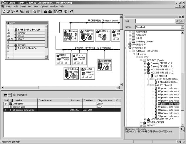 7 Elaboração do projecto com PROFINET Configuração do controlador PROFINET IO Exemplo de elaboração de um projecto para configuração dos dados do processo do MOVIDRIVE B Neste exemplo, deve ser