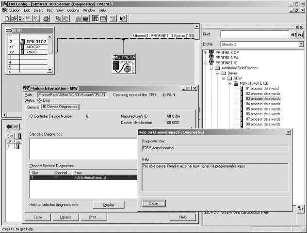 Características de funcionamento no PROFINET Alarmes PROFINET, tomando como exemplo o MOVIDRIVE B I 0 8 Uma irregularidade no MOVIDRIVE B ou no switch integrado faz com que seja agora enviado ao