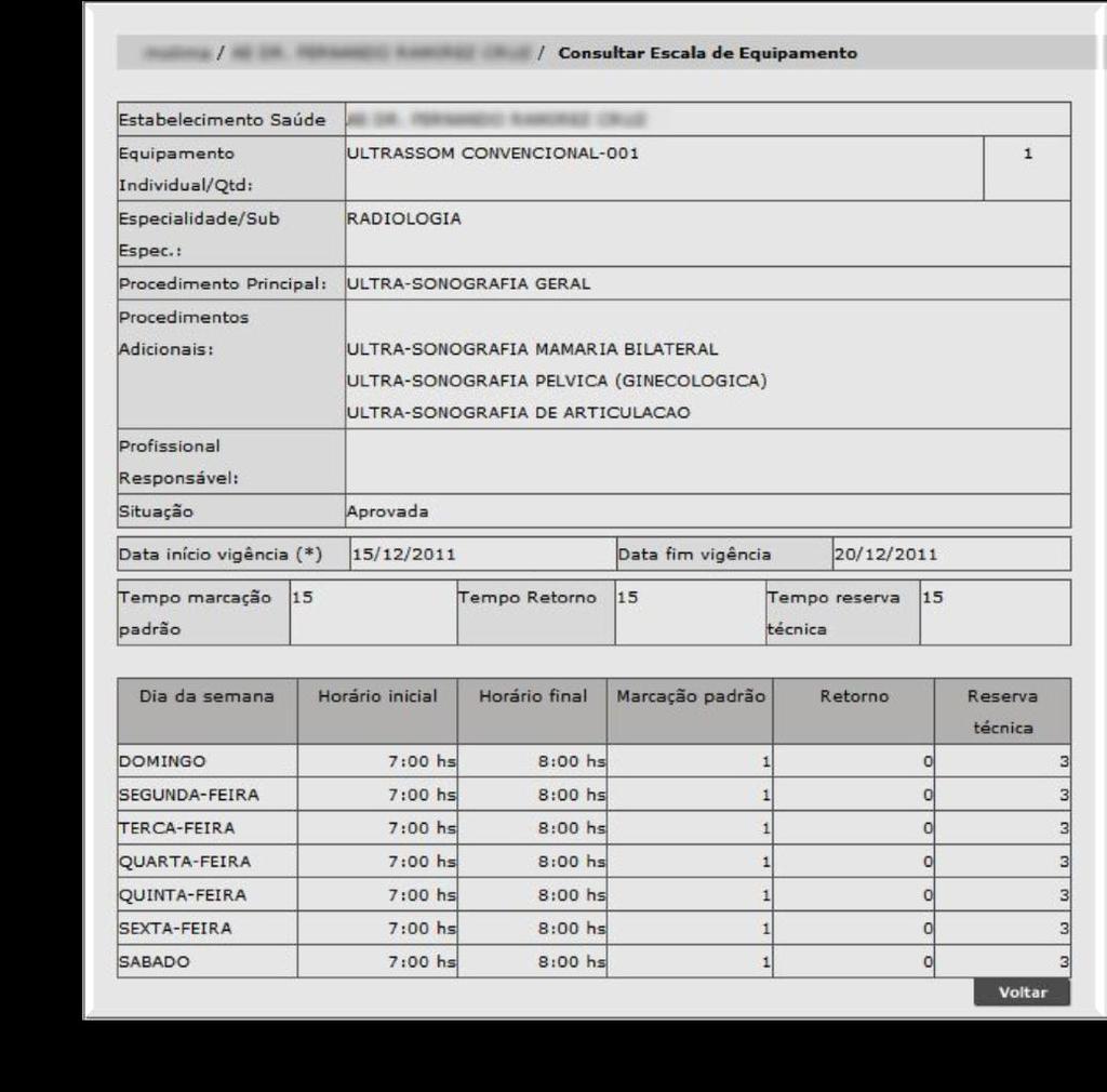 Para visualizar mais detalhes desta agenda, clique na data de início da vigência, que estará em forma de link (em azul e sublinhado). A grade será exibida conforme ela foi programada.