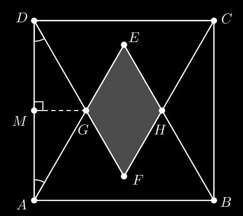 logo e, portanto, Assim, = GJ, GJ = =. área(egfj) = área(egj) GJ EH = ( ) ( ) = = 4 =. alternativa O triângulo ADG é isósceles, pois os ângulos GÂD = G ˆDA = 0. Com isso, AM = AD =.