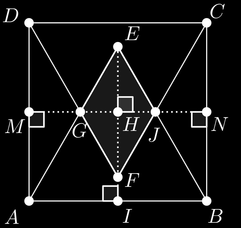 Sendo cm a medida do lado do quadrado, a área do losango destacado na figura é dada por: (A) (B) 4 6 (C) 8 (D) 8 (E) 4 Resposta: A Considere os pontos M, G, H, J e N da figura abaixo, de forma que M