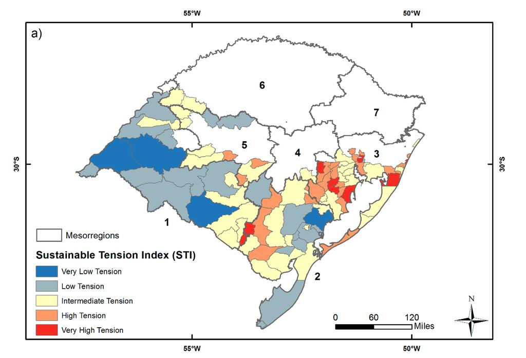 RESULTADOS E DISCUSSÃO (a) Índice de Tensão Sustentábvel (STI) (1) Sudoeste Rio-grandense; (2) Sudeste Rio-grandense; (3) Metropolitana de