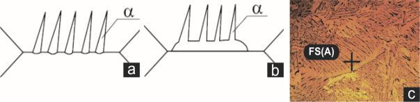 32 Figura 14 Em (a) e (b) Figura esquemática da morfologia das placas laterais de ferrita e (c) micrografia identificado a FS(A) em uma junta soldada.