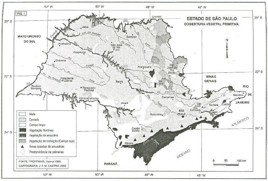 Figura 93: Mapa da cobertura vegetal primitiva do Estado de São Paulo durante o