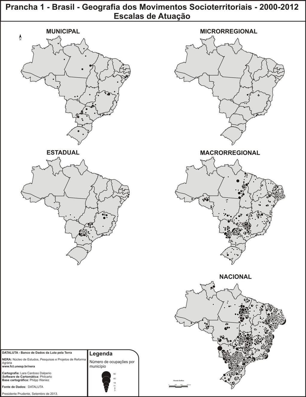 214 A espacialização das ações em ocupação de terras ocorreu em todo o território brasileiro se comparado com as cinco escalas